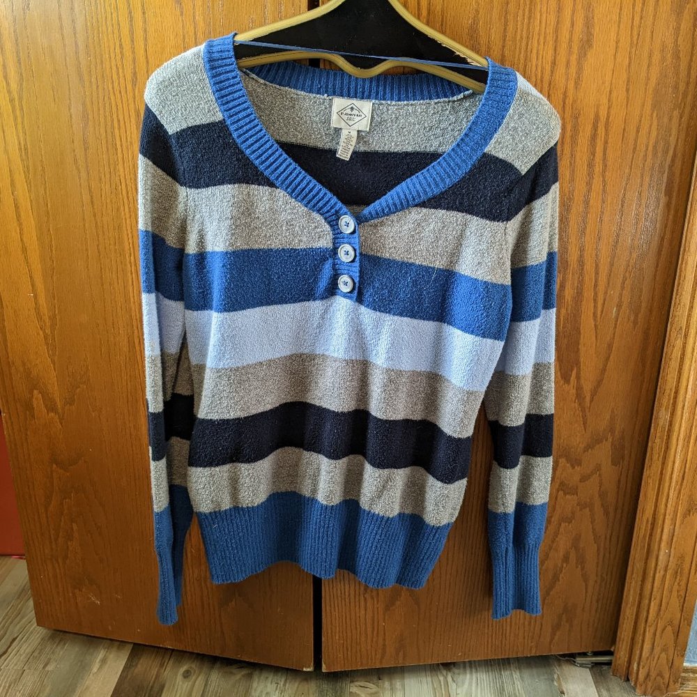 St Johns Bay 3-button Blue Striped Sweater Size M V-neck, Henley
